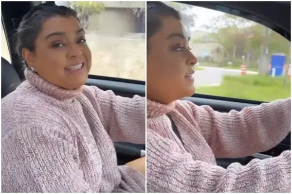 Montagem com duas fotos de Preta Gil dirigindo. Ela é uma mulher negra, de cabelo preto e usa moletom rosa - Metrópoles