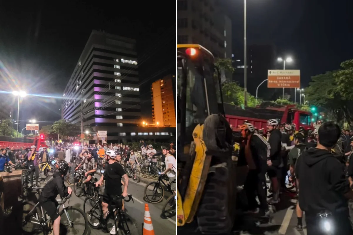 Ciclistas cercam trator e tentam impedir demolição de ciclovia em BH