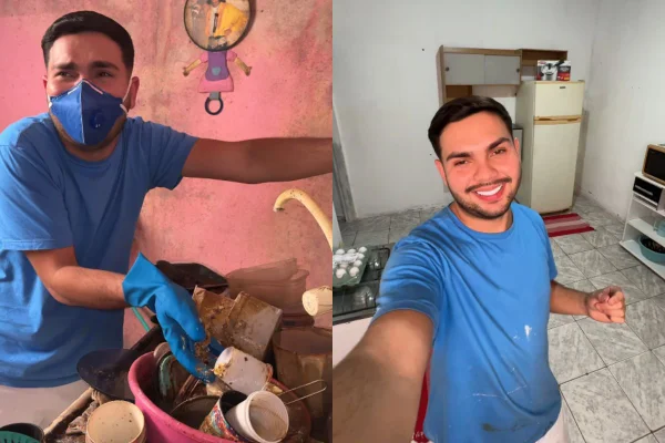 Foto colorida de uma jovem de blusa azul em uma casa com lixo e sujeira - Metrópoles
