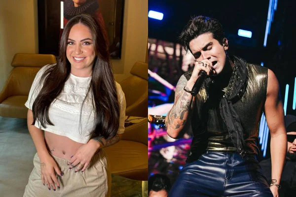 Montagem com fotos coloridas de Raphaela Santos e Luan Santana - Metrópoles