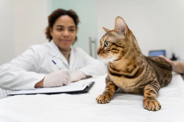 Médica veterinária examinando gato