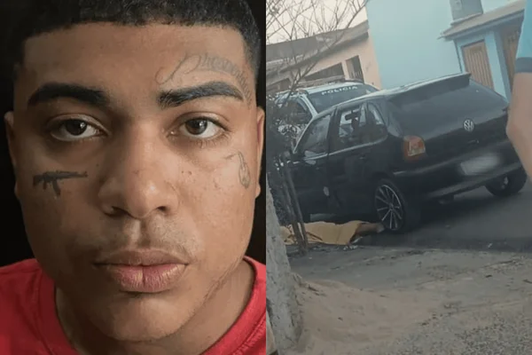 Imagem colorida de um jovem negro com tatuagens no rosto ao lado da foto de uma rua - Metrópoles