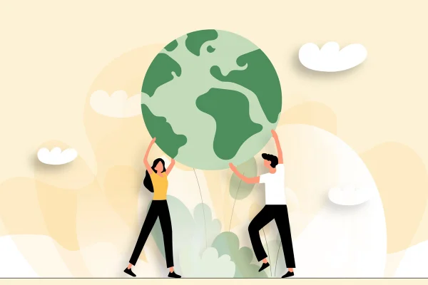 ilustração colorida de duas pessoas segurando um globo terrestre verde