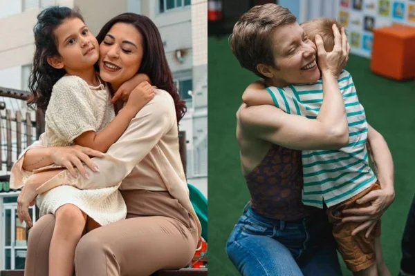 Colagem de fotos coloridas onde duas mulheres abraçam duas crianças - Metrópoles.