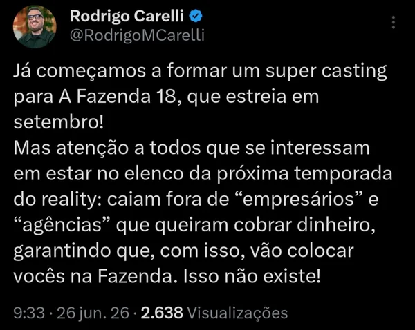 A Fazenda 18: Rodrigo Carelli alerta candidatos sobre golpes - destaque galeria