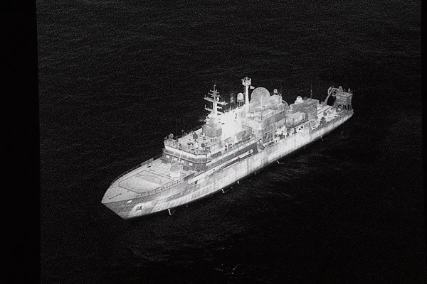 Uma imagem do navio espião russo Yantar, que opera na costa norte da Escócia, é exibida em uma tela durante o discurso do Secretário de Defesa, John Healey