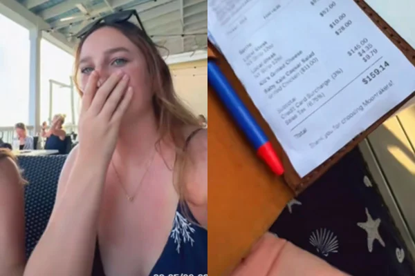 Montagem de duas imagens coloridas de garotas em restaurante