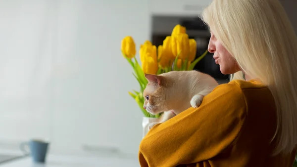 Março amarelo: gato no colo de mulher vestindo blusa amarela e tulipas amarelas ao lado