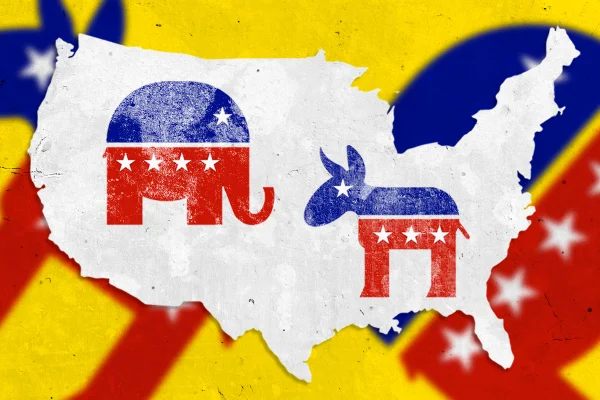 Mapa dos estados unidos com os símbolos dos partidos democrata e republicano