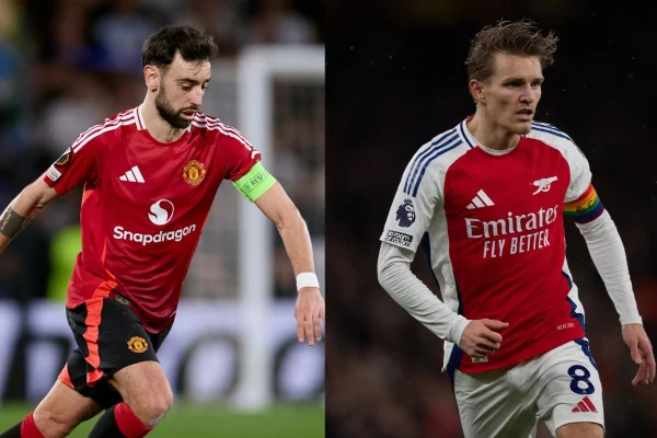Montagem de fotos de Bruno Fernandes, do Manchester United, e Odegaard, do Arsenal - Metrópoles