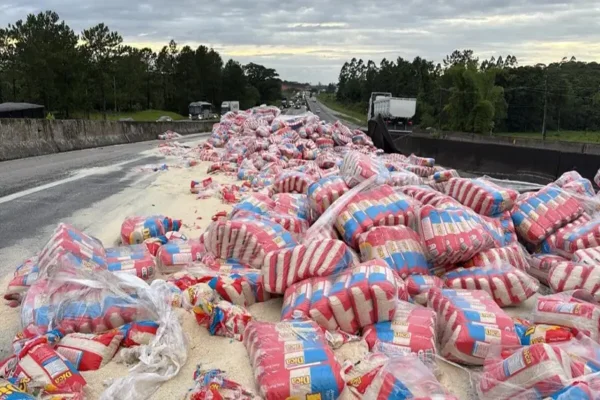 Imagem colorida, pacotes de arroz que caíram da carga de caminhão após acidente- Metrópoles