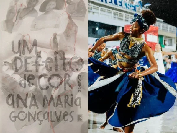 Livro Um Defeito de Cor, de um lado, e uma passista da Portela de outro - Metrópoles