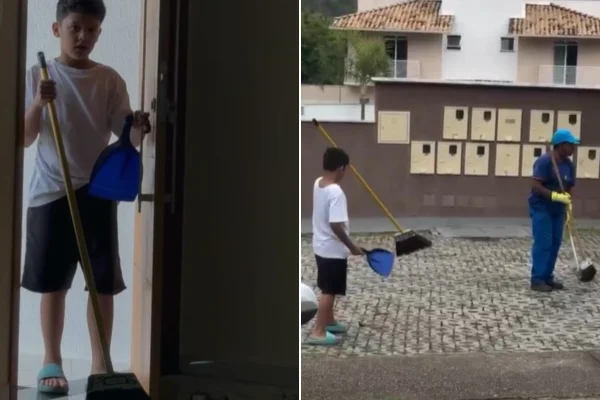 Menino viraliza ao ajudar funcionária na limpeza de condomínio em MG