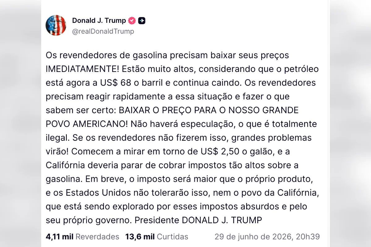 Trump pede que postos reduzam preço da gasolina nos EUA e faz ameaça - imagem 1