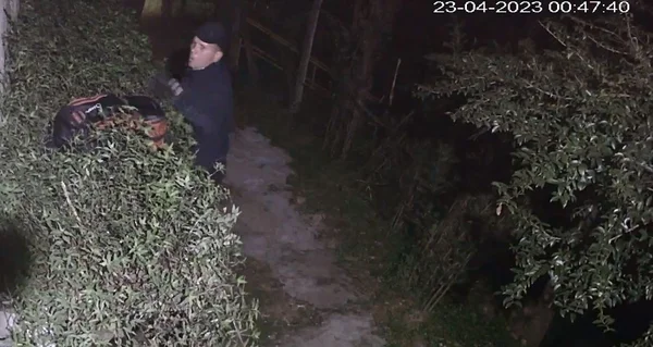 Imagem colorida mostra reprodução de vídeo com um homem vestido de blusa preta e boné preto no meio de um arbusto com uma mochila e uma escada atrás, tentando entrar em uma área residencial - Metrópoles