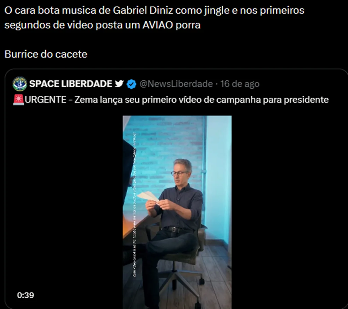 Internautas criticam uso de canção de Gabriel Diniz em vídeo de Zema com avião Internautas criticam uso de canção de Gabriel Diniz em vídeo de Zema com avião