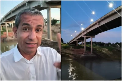 montagem com foto de juiz Edinaldo Muniz e de ponte que desabou