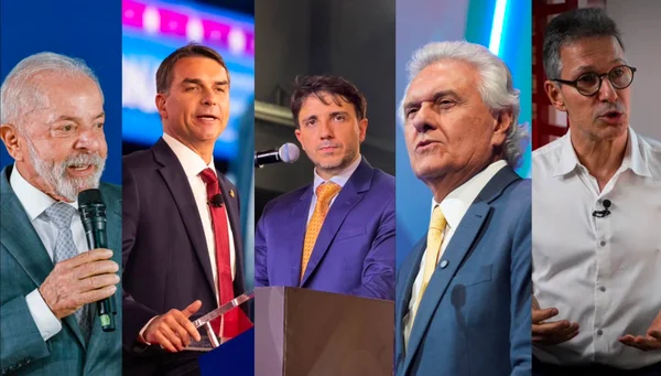 Foto colorida mostra montagem de Lula, Flávio Bolsonaro, Renan Santos, Caiado e Zema, lado a lado - Metrópoles