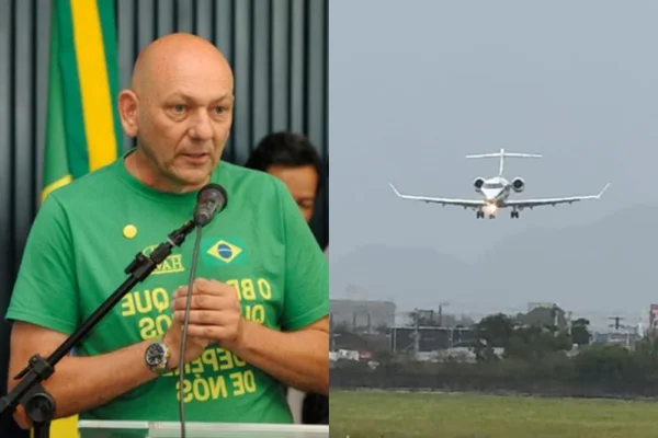 Montagem com fotos coloridas de Luciano Hang e avião realizando o pouso-caranguejo - Metrópoles
