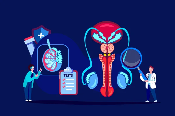 Ilustração mostra dois médicos analisando a próstata - Metrópoles