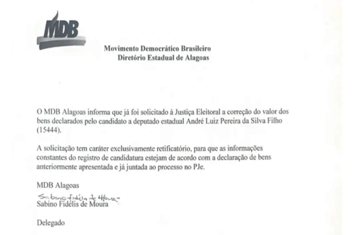 MDB de Alagoas já pediu correção do valor declarado MDB de Alagoas já pediu correção do valor declarado