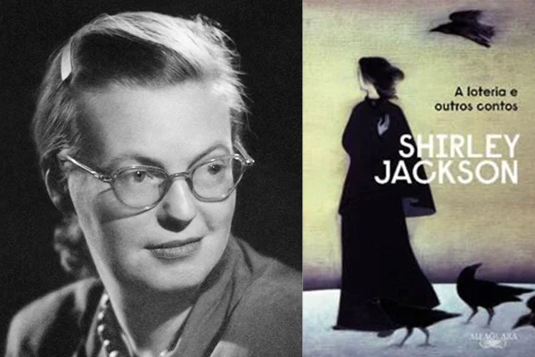 Montagem com foto de Shirley Jackson e a capa do livro “A loteria e outros contos”