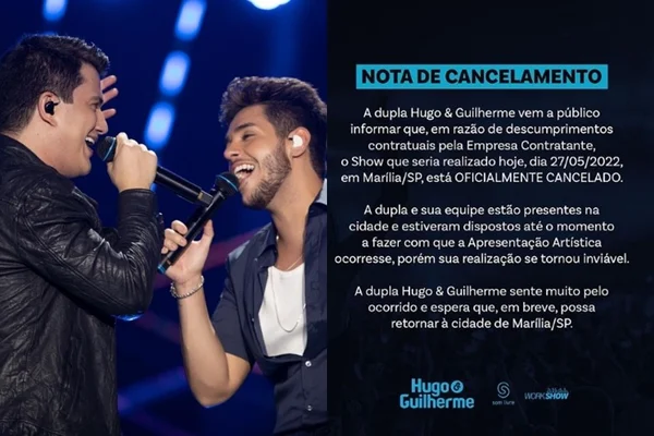 Equipe de Hugo e Guilherme emitem comunicado sobre cancelamento de show (Reprodução: Instagram)