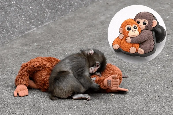 foto com cor. macaco punch deitado em pelúcia de orangotango laranja - metrópoles