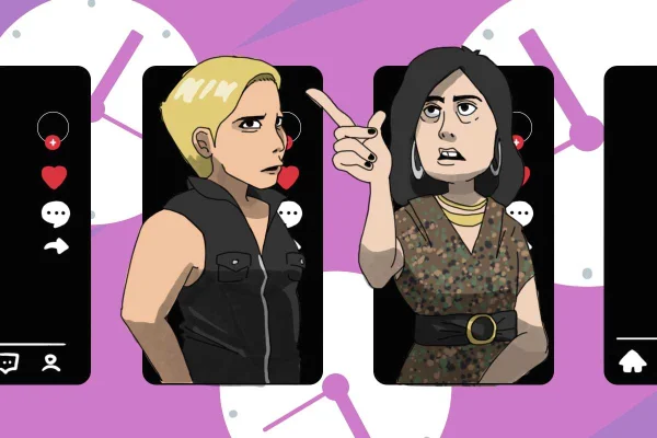 Arte com desenhos de um homem loiro e mulher morena saindo de uma tela - Metrópoles
