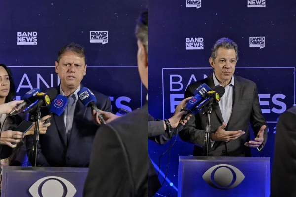 Tarcisio de Freitas e Fernando Haddad no debate da Band