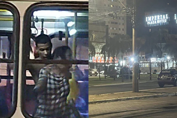 montagem com uma foto de homem segurando mulher peço pescoço com uma mão e faca na outra mão dentro de onibus e foto do onibus e viaturas da policia ao lado - metrópoles