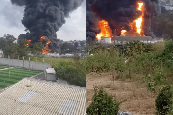 Colagem colorida de incêndio em fábrica de solventes em Itaquaquecetuba - Metrópoles