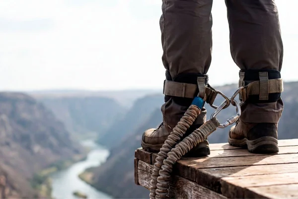 Imagem colorida mostra pessoa se preparando para salto de bungee jump. Metrópoles