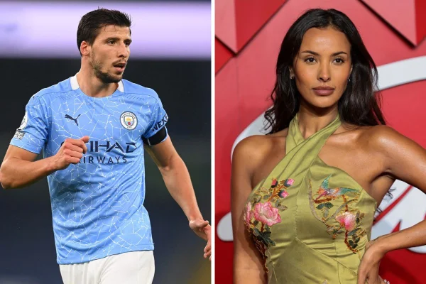 Imagem colorida de Ruben Dias, do Manchester City, e Maya Jama - Metrópoles