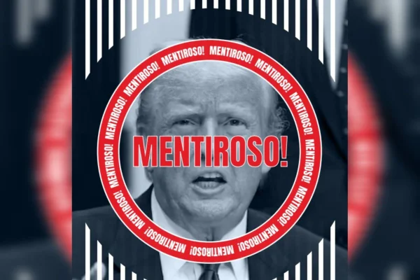 Imagem preta e branca de Donald Trump, um homem branco e loiro, circundado com faixa vermelha, com palavra "mentiroso" - Metrópoles