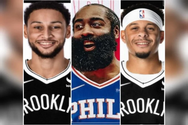 Da direita para esquerda: Ben Simmons, James Harden e Seth Curry