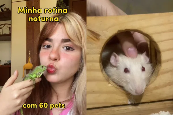 Foto colorida de uma mulher segurando uma iguana e um rato ao lado - Metrópoles
