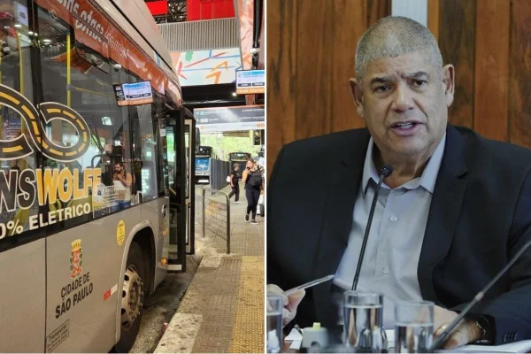 Imagem colorida mostra ônibus e ex-vereador Milton Leite, alvo de operação contra esquema do PCC. Metrópoles