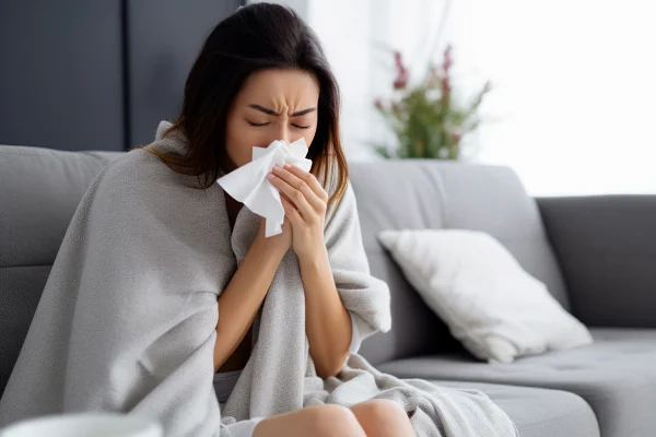 Na foto uma mulher com um lenço, com sintomas de gripe. condição é mais comum em meses frios - Metrópoles