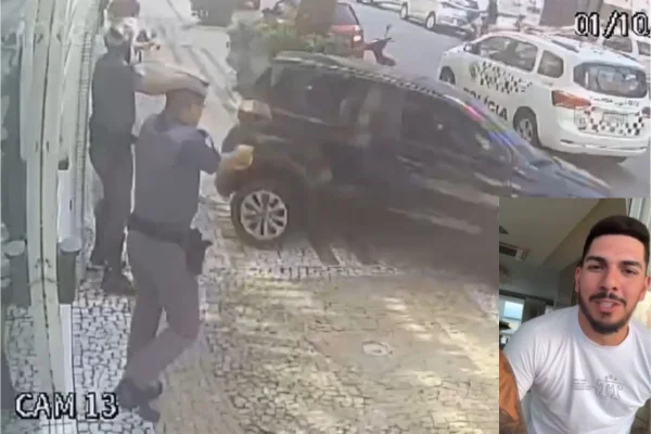 Imagem colorida mostra montagem com policiais atirando em carro que invadiu condomínio em Santos e uma foto do goleiro João Paulo, do Santos, morador do local - Metrópoles