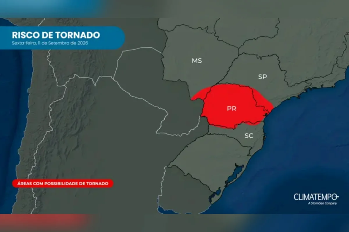 Áreas com risco de formação de tornado em 11/9/2026 Áreas com risco de formação de tornado em 11/9/2026