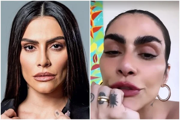 Fotos justapostas de Cleo. Na primeira, ela aparece com longos cabelos pretos soltos e fisionomia séria. Na segunda, ela aparece com cabelo preso e sobrancelhas grossas e volumosas - Metrópoles