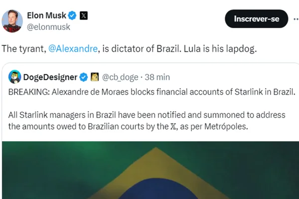 Imagem colorida de post de Elon Musk com ataques a Moraes e Lula - Metrópoles