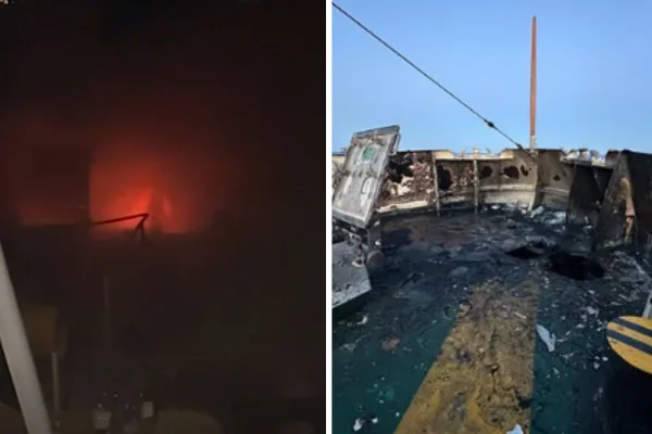 Montagem com fotos coloridas de fogo e estragos no navio da organização Freedom Flotilla Coalition (FFC) após incêndio - Metrópoles