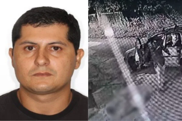Montagem colorida com foto de foragido por assassinar homem na porta de casa, em São José dos Campos, interior de São Paulo.