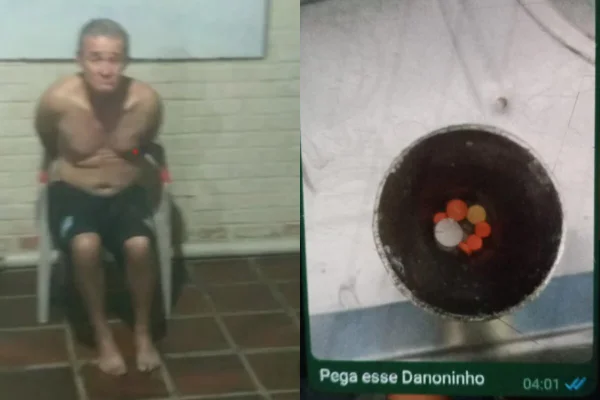 Imagem colorida de homem sem camiseta amarrado em cadeira, ao lado do qual, há uma colagem de um pote com medicamentos dentro - Metrópoles
