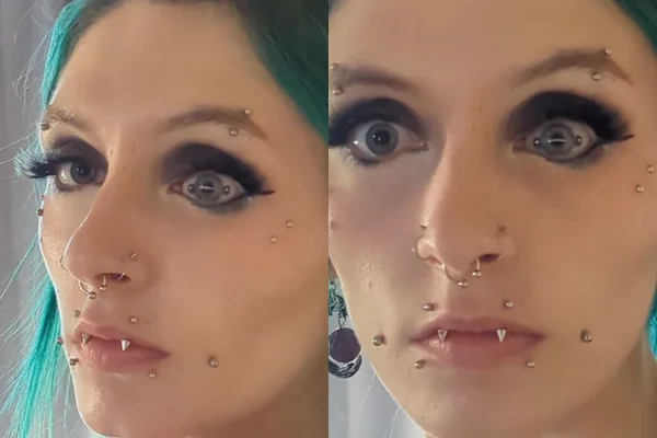 Foto colorida de uma mulher com piercing no olho - Metrópoles