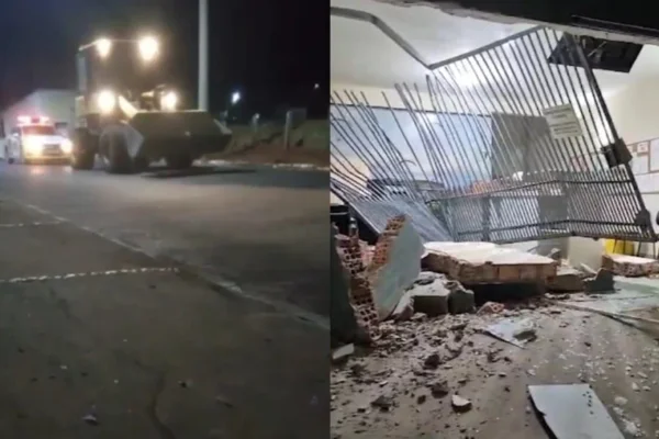 Na esquerda uma foto da retroescavadeira. À direita, a fachada do cartório destruída