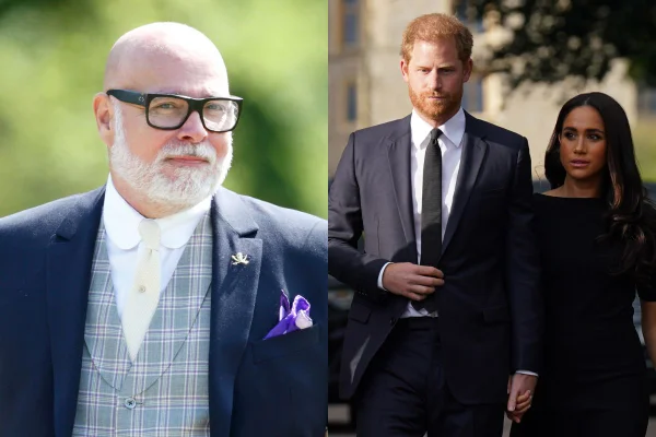 Imagem dividida em duas partes. A primeira tem um homem branco, careca, barba branca usando um terno azul escuro. Do outro lado, Harry e Meghan usam roupa preta - Metrópoles