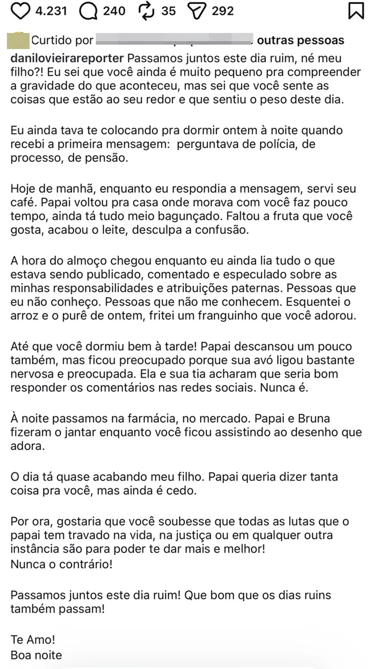 Danilo Vieira se declara ao filho após polêmica com a ex-mulher Danilo Vieira se declara ao filho após polêmica com a ex-mulher
